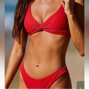 Red Twist Backless Bikini Top // Red Solid Low Waisted Bikini Bottom